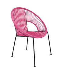 Pink Rattan Outdoor Chair on White Background, Three Quarter View