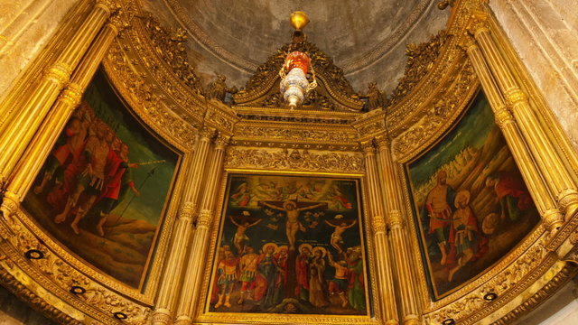 Tracking footage approaching the Greek Orthodox chapel of St. Longinus. Cropped.