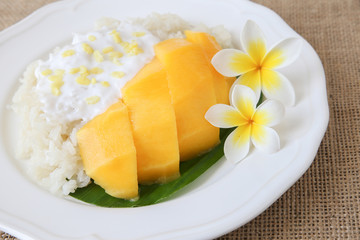 Homemade coconut sticky rice with mango, selective focus