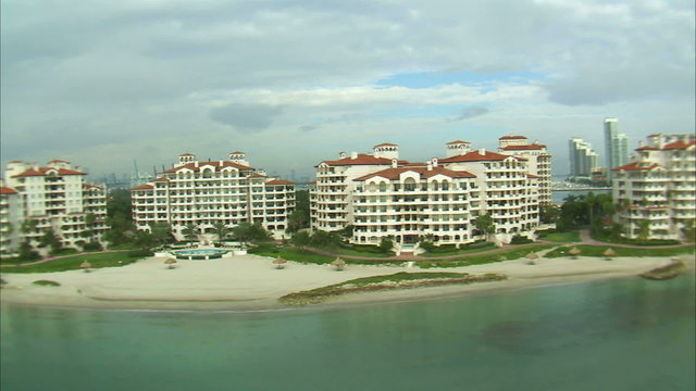 Aerial shot of seaside hotels in Miami.