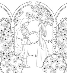 Coloring book: medieval couple holding hands