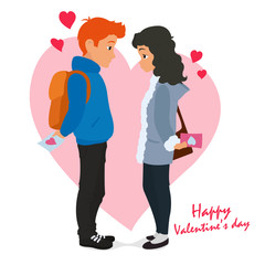Valentine'S Day. in love young people congratulate each other on Valentine's Day. vector illustration.