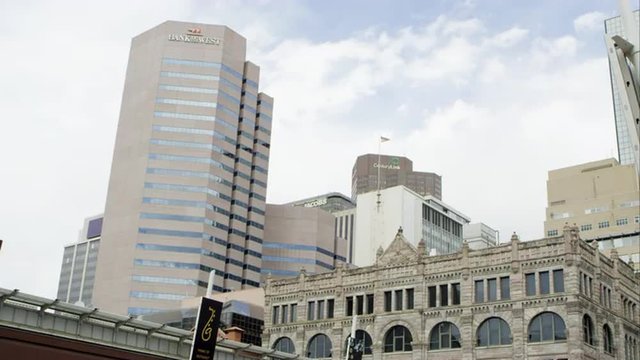 Slow motion static view of sky scrapers in Denver.
