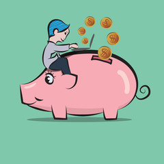 Man sitting on piggy bank and doing by using laptop