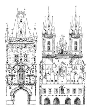 Prague cathedral and town tower,  sketch collection