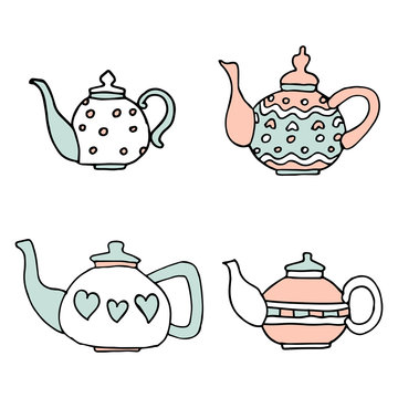 light blue and pink colored, set of four cute teapots