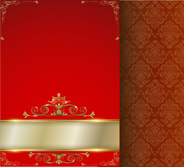 Elegant golden frame banner with gold crown, laurel wreath on ornate red background. Luxury floral background in vintage style