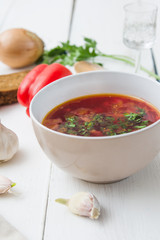 big bowl of borscht with herbs