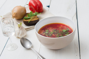 big bowl of borscht with herbs