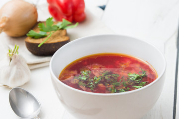 big bowl of borscht with herbs