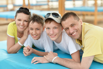 Family at tropical resort.