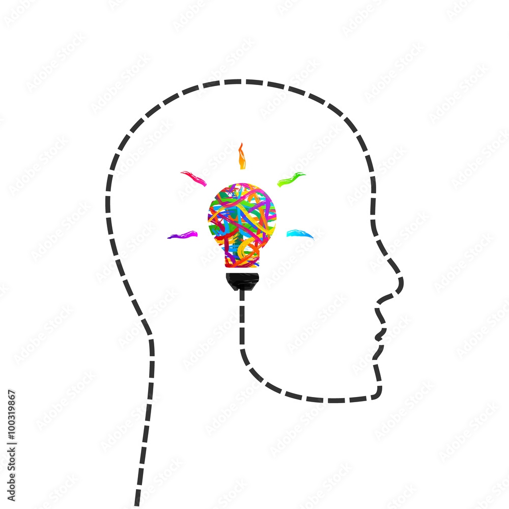Poster creativethinking and idea concept with profile line and lightbulb made of colorful paint strokes