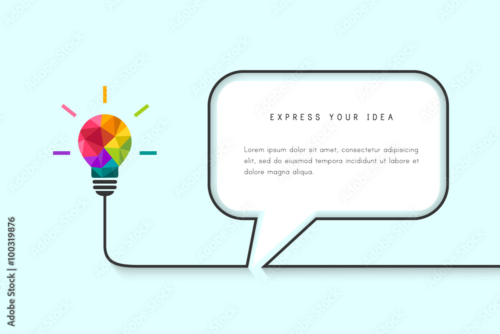Poster speech bubble template with low poly lightbulb as idea concept