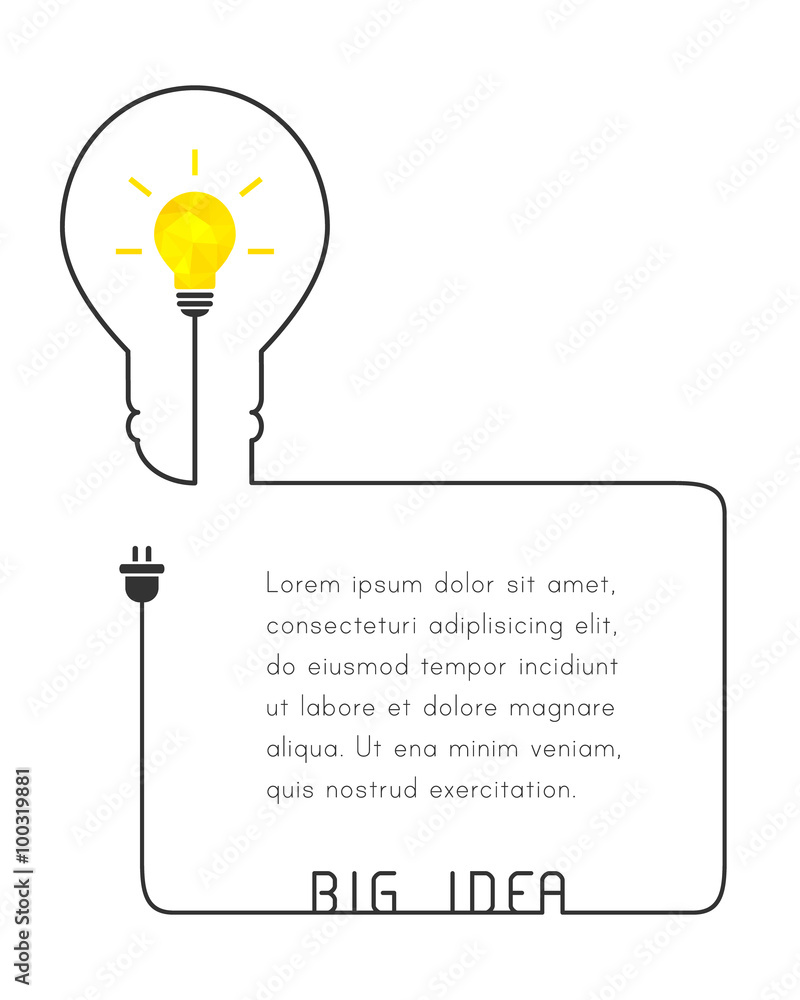 Poster text box as big idea concept. lightbulb and wire forming a lightbulb shape and text frame.