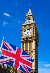 Naklejka na ściany i meble Big Ben and British flag against of blue sky. Illustration 
