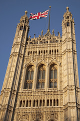 Fototapeta na wymiar Houses of Parliament and the Union Jack Flag, London, England, UK