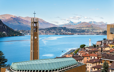 View over Campione D'Italia and Lake Lugano, Italian enclave in Switzerland
