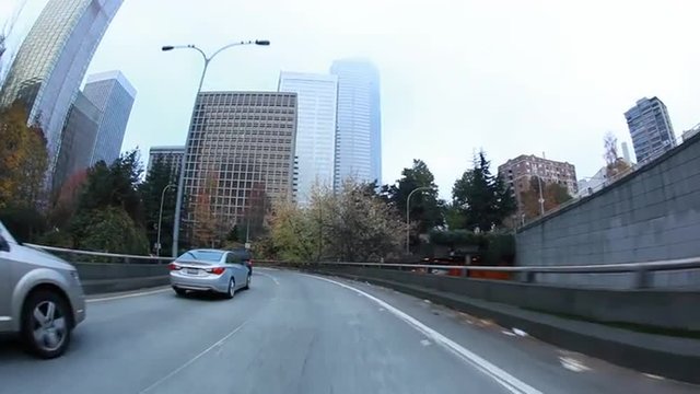 View from car driving in traffic on Seneca Street in Seattle.