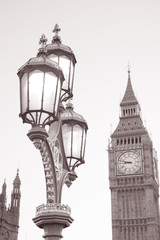 Fototapeta na wymiar Lamppost and Big Ben in Black and White Sepia Tone in London, UK