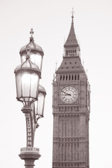 Fototapeta na wymiar Lamppost and Big Ben and Black and White in Sepia Tone, London, England, UK