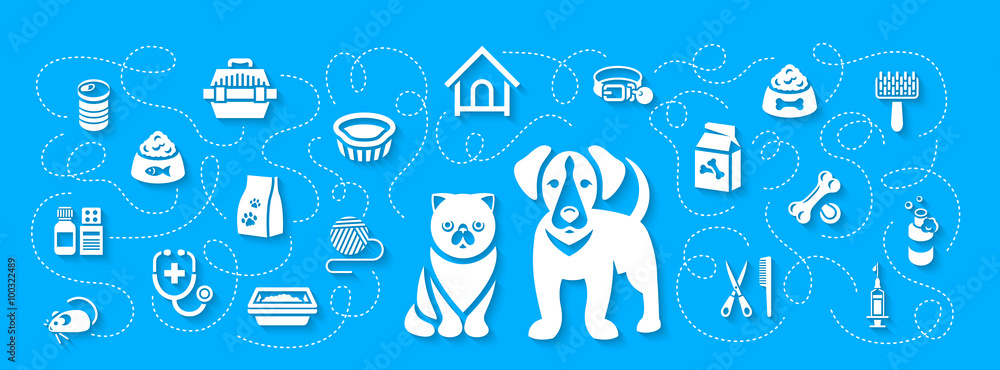 Wall mural animal pets grooming and health care vector flat horizontal header banner. background with silhouett