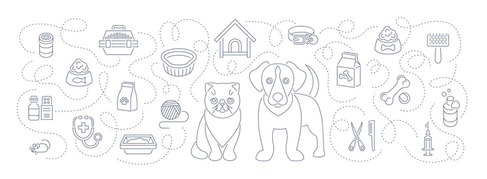 Animal pets grooming and health care flat thin line vector horizontal  header banner. Background with linear icons of cat and dog, food, toys and accessories. Pet shop, vet clinic concept