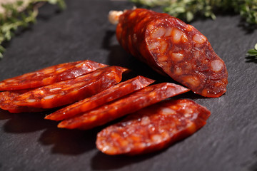 Sliced chorizo sausage