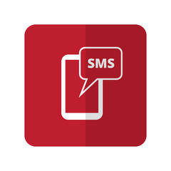 White Sms flat icon on red rounded square on white