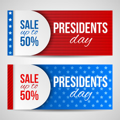 Modern vector horizontal banners, page headers with text for Presidents Day. Banners with stripes and stars in the colors of the American flag. Sale, discount theme.