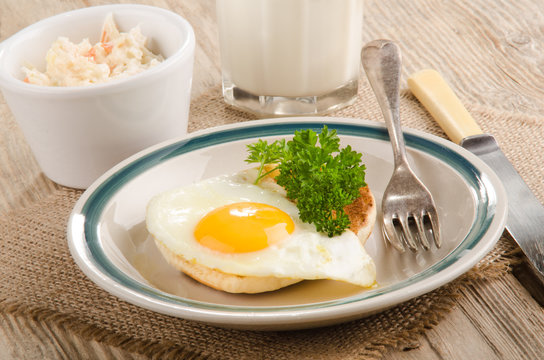 breakfast with toast, a fried egg, parsley, glass of milk, coles