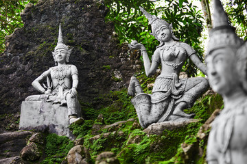Thailand. Closeup Of Magic Secret Buddha Garden Stone Statues In Koh Samui. Figures Of Human And Deities Dancing And Playing. Place For Relaxation And Meditation. Buddhism. Travel To Asia, Tourism. 