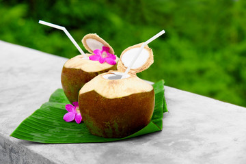 Fototapeta na wymiar Drink Coconut Water. Tropical Cocktail With Refreshing Detox Organic Raw Coconut Milk, With Drinking Straw And Orchid Flower. Diet. Nutrition And Hydratation. Vitamins. Healthy Lifestyle.