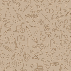 Seamless pattern with hand drawn icons on a theme medicine and health, brown contour on a beige background