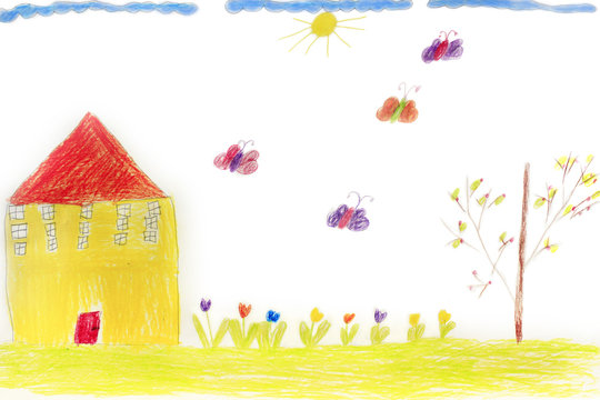 Childish drawing of house flowers and butterflies
