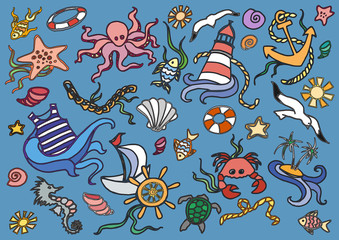 Doodle vector set of sea