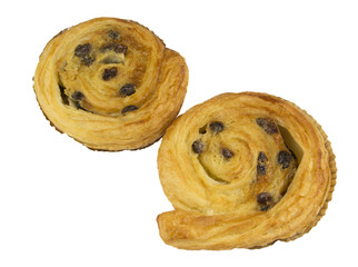 Raisin danish good with coffee on breakfast isolated on white