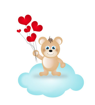 Teddy bear wih hearts on cloud