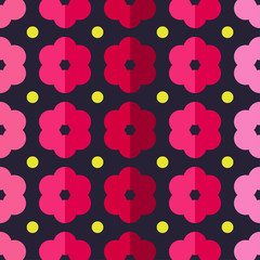 Seamless colorful vector background with decorative flowers and polka dots