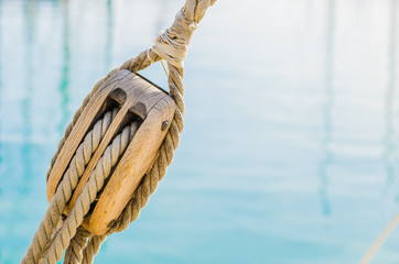 Boat nautical wood pulley with ropes
