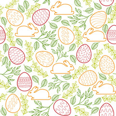 Seamless pattern with Easter bunny, eggs and floral elements