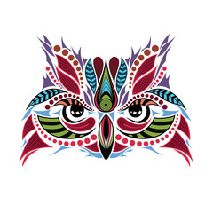 Patterned colored head of the owl. African / indian / totem / tattoo design. It may be used for design of a t-shirt, bag, postcard and poster.