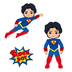 Cute Boy superhero in flight and in standing position.Illustration isolated on white background