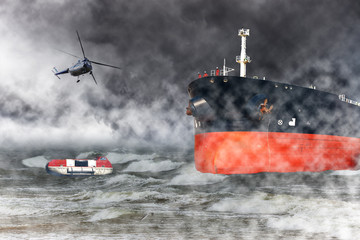 A helicopter rescue mission in difficult stormy weather at sea.