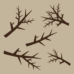 Tree branches set in hand drawn style. Silhouette plant, wood outline, twig decoration.