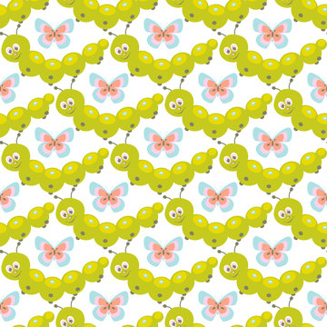 Seamless pattern with cute caterpillar and sweet butterflies