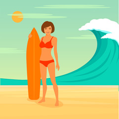 sexy woman surfer, surfing sport, girl with surfboard