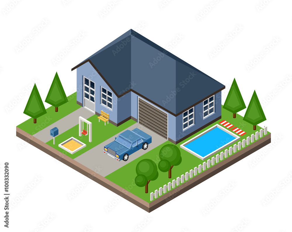 Wall mural Isolated isomatic cottage. Country life. Garage. Green grass. Lawn. Swing. Vector illustration