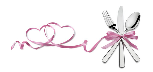 Fork knife spoon with pink ribbon heart element Valentine isolat