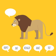 Vector illustration of lion with speech bubble. Flat style.