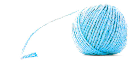 Blue fiber skein, crochet thread roll isolated on white background